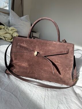 Veronica Beard Dash Bag - Large - Brown Suede Top-Handle Satchel with